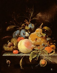 Stilleven van fruit en noten op een stenen richel